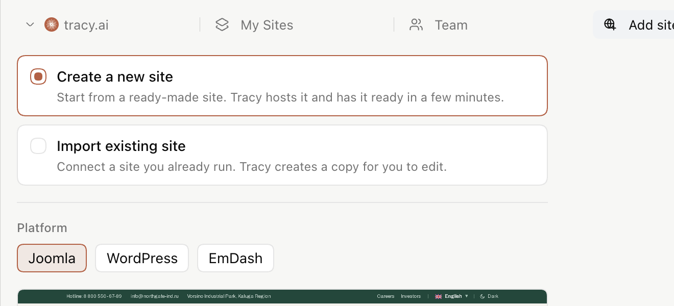 The Add site panel in Tracy: create a new site or import one you already run, then pick Joomla, WordPress or EmDash