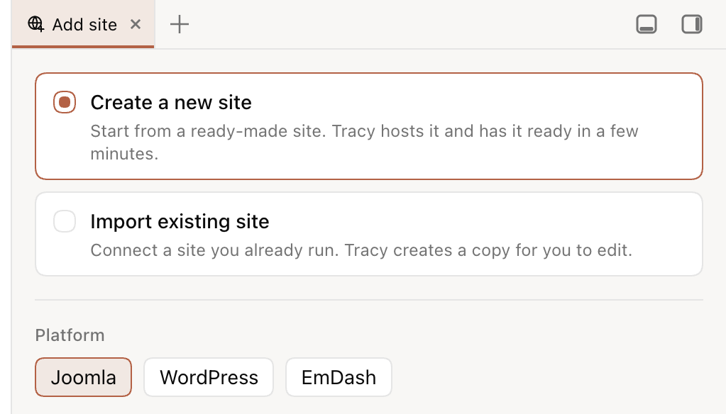 The Add site panel: create a new site, or import an existing one
