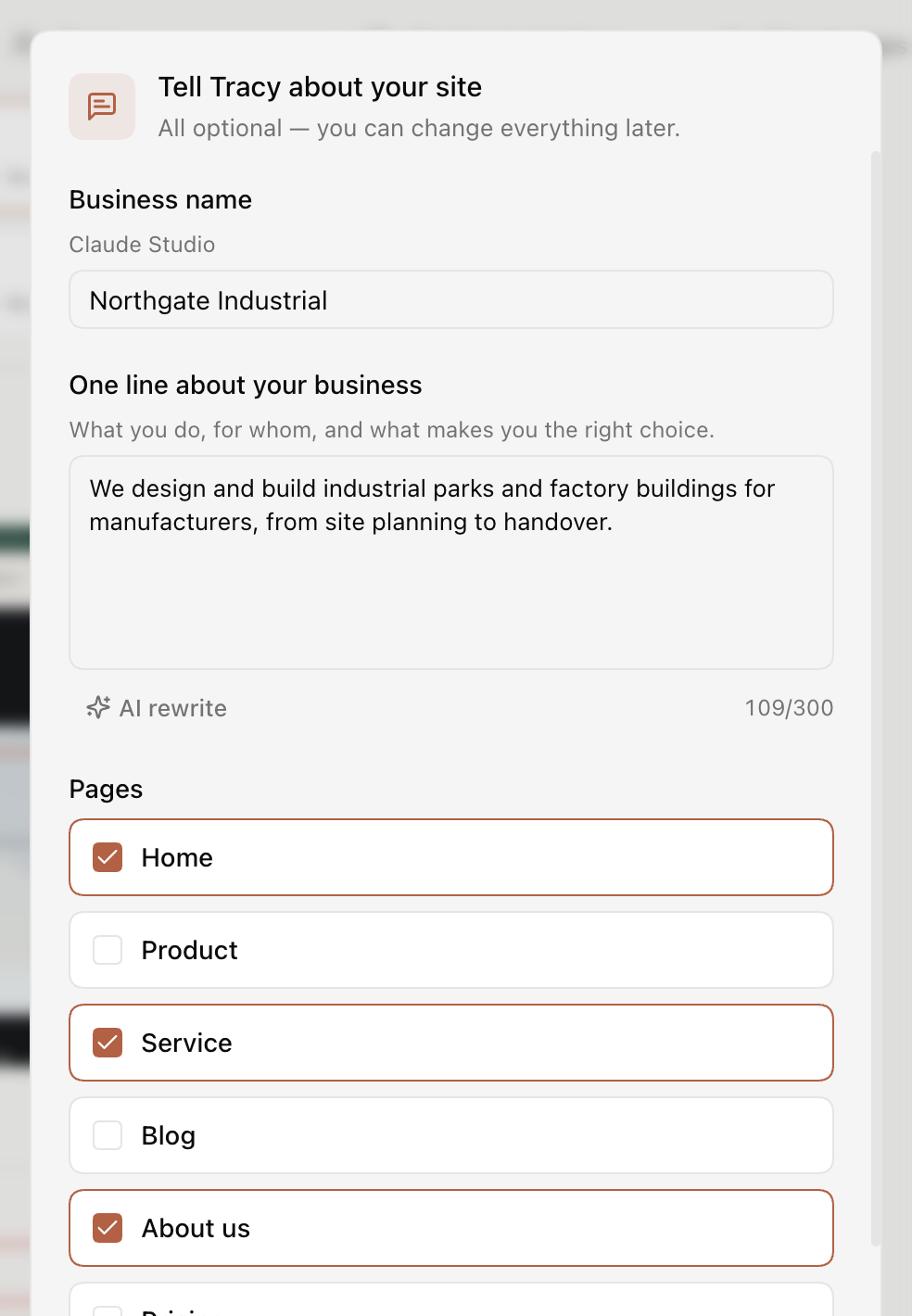 Tell Tracy about your site, filled in: business name, one line about the business and the pages to create