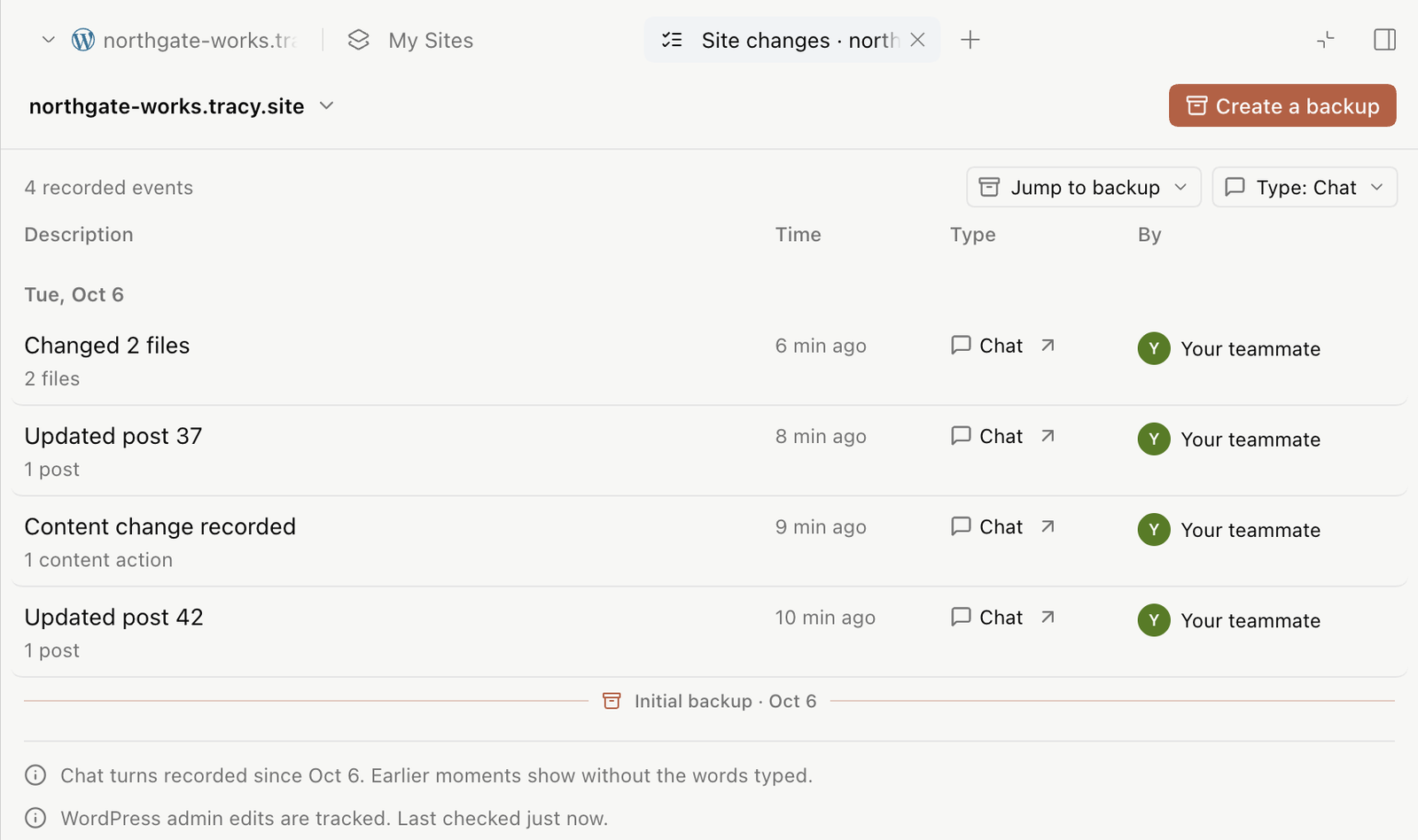 Site changes filtered to Chat: updated pages, a content change and a design change, each with its time and who asked