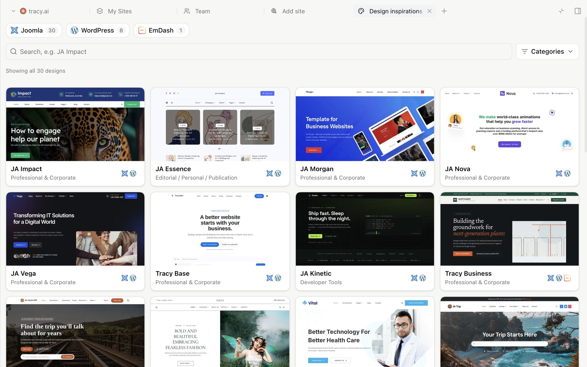 Design inspirations in Tracy: 30 designs, filtered by Joomla, WordPress or EmDash